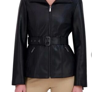 NWT Size Small  Kenneth Cole Women Black Belted Faux Leather Jacket